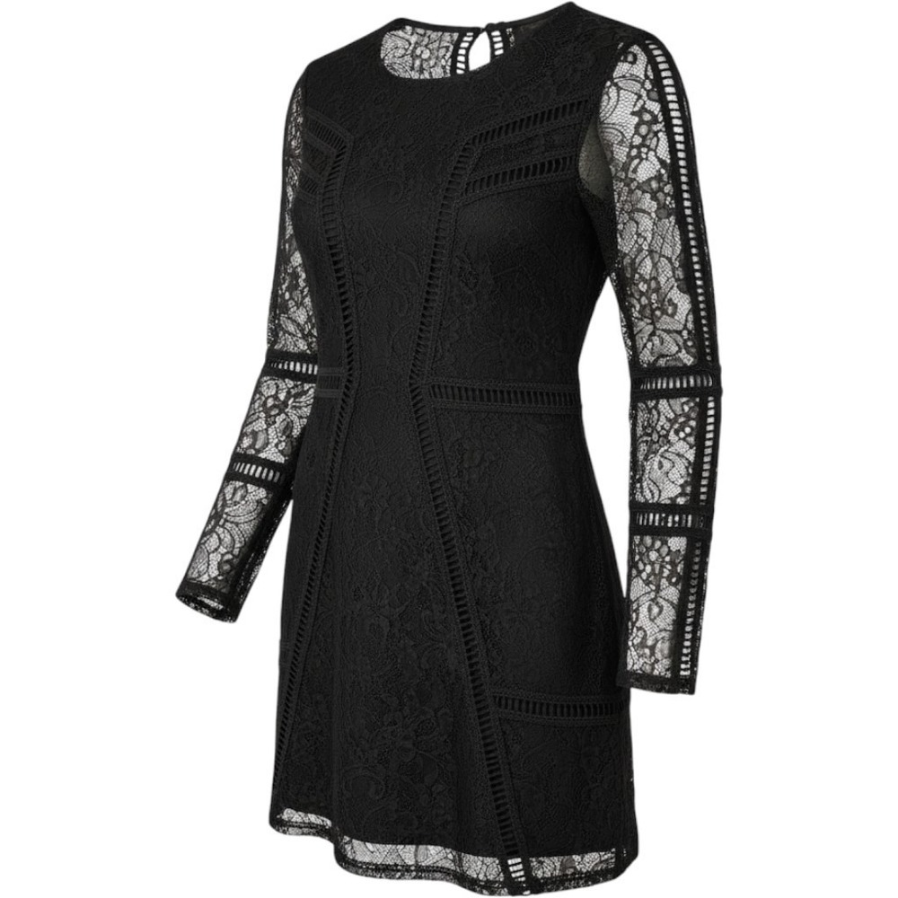 HM Black Floral Lace Long Sleeve Mini Dress Geometric Trim Size 6